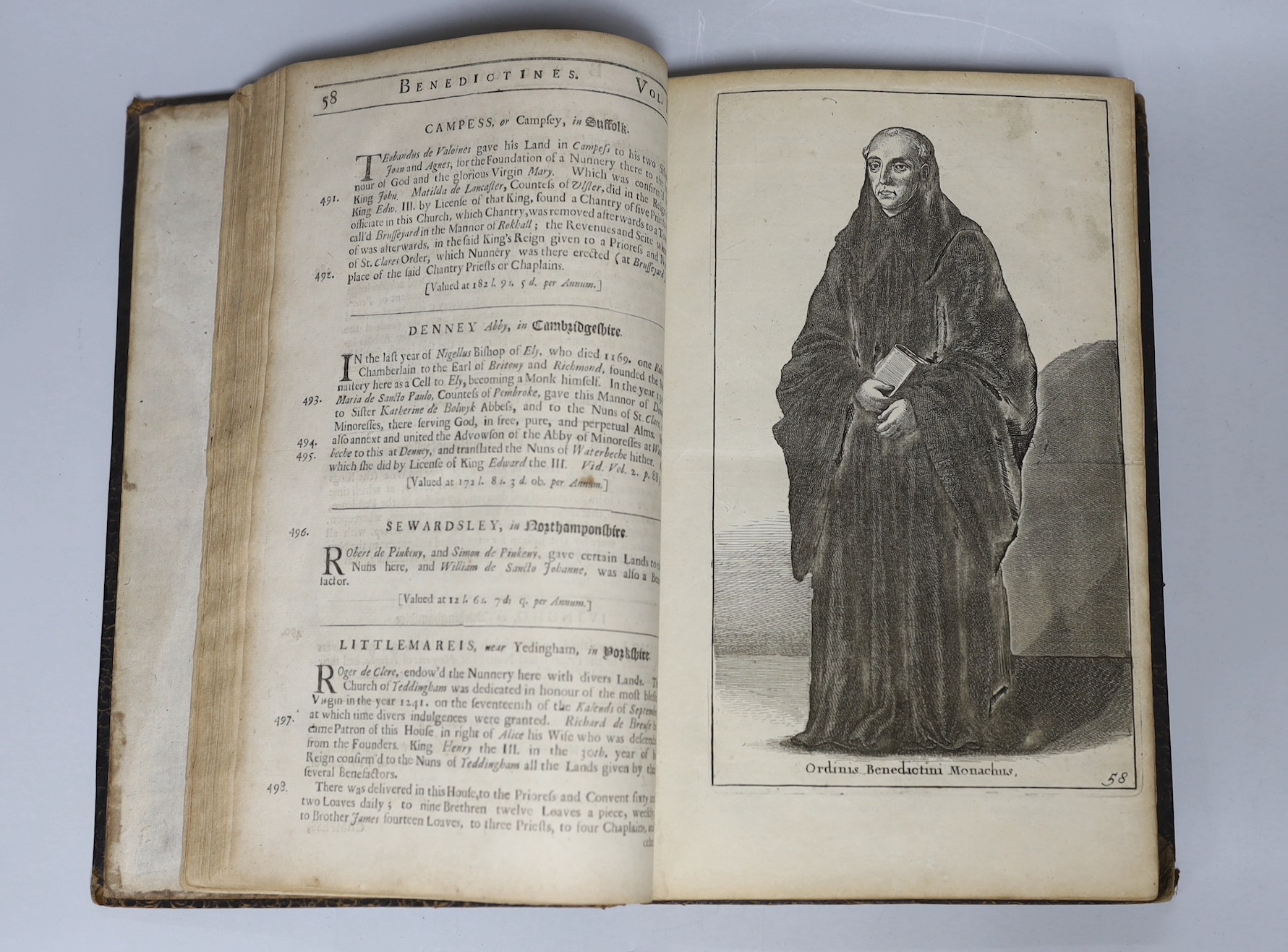 Dugdale, William - Monasticon Anglicanum, or, the History of the Abbies, and other Monastries, Hospitals, Cathedral and Collegiate Chuches in England and Wales., 3 vols in one, with 14 (of 15) full page engravings, pp. 1